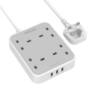 Promate PowerCord4UK-2M 3250W 4-Outlet Charging Hub with 3 USB Ports 2M-White